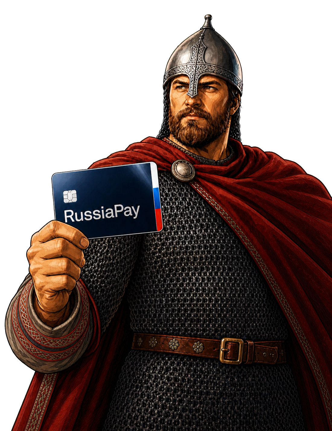 Иллюстрированный русский богатырь держит премиальную карту RussiaPay